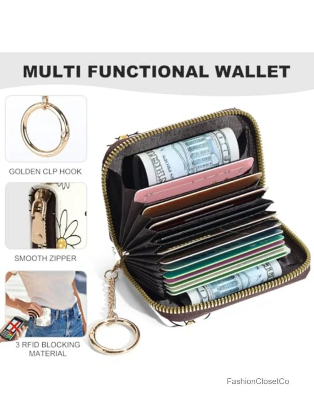 Women's Credit Card Holder with Keychain, PU Leather RFID Blocking Wallet Cute